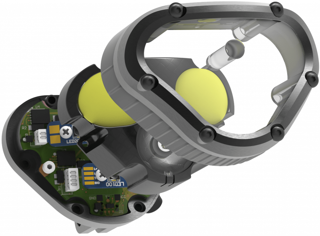 Exploded hardware product rendering showing electronics and mechanical enclosure