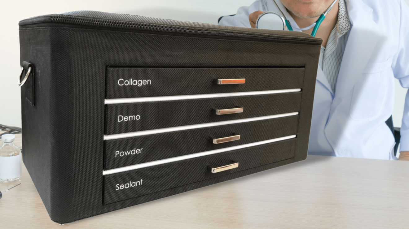 Pharmaceutical demo case with drawers and product compartments